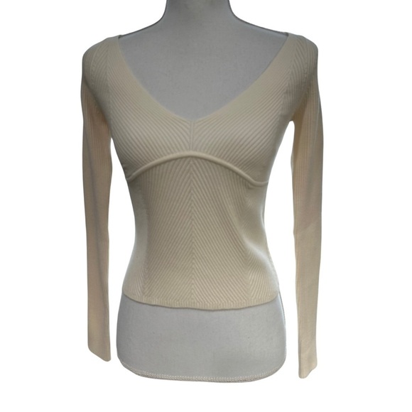 Who What Wear Collection Anneliese Herringbone Long Sleeve Top Ivory SZ M NWT - Picture 2 of 8